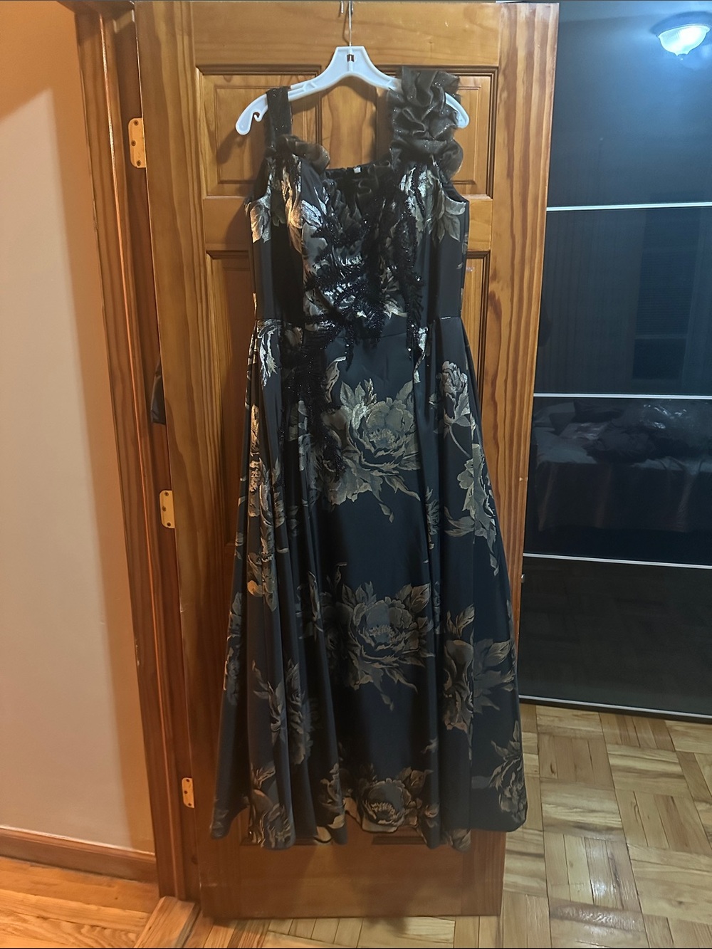 Jovani Black Floral Satin Formal Dress with Rosette Strap